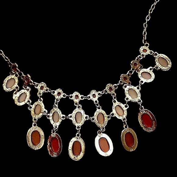 Silver Bib Necklace with Cream and Orange Gems - Picture 8 of 8
